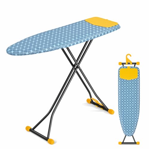 APEXCHASER Compact Ironing Board with Iron Rest, Extra Thick Cover, Adjustable Height, Wall Mount & Closet Hanger - 13x43 Yellow