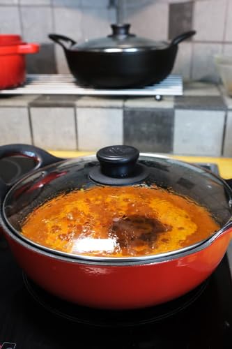 Enameled Cast Iron Balti Dish Pot (Red) with Glass Lid, 3 Quart Cast Iron Casserole Dish, Nonstick Cast Iron Kadai Indian Wok, Dutch Oven