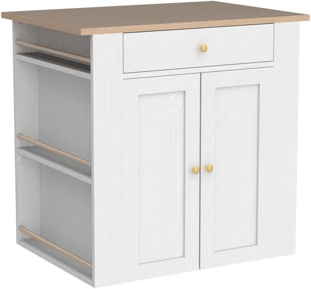 Compact Kitchen Island with Storage, Power and Shelves, White