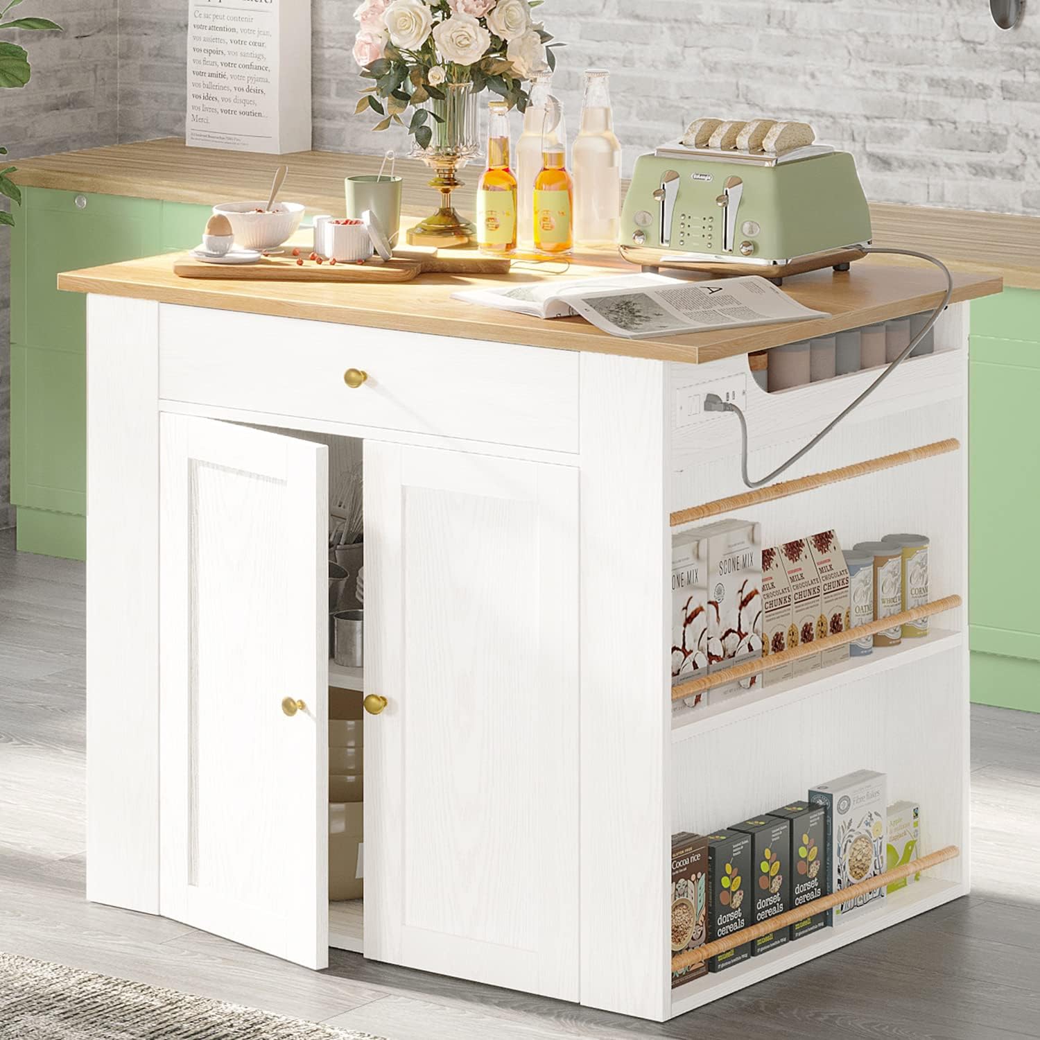 Compact Kitchen Island with Storage, Power and Shelves, White