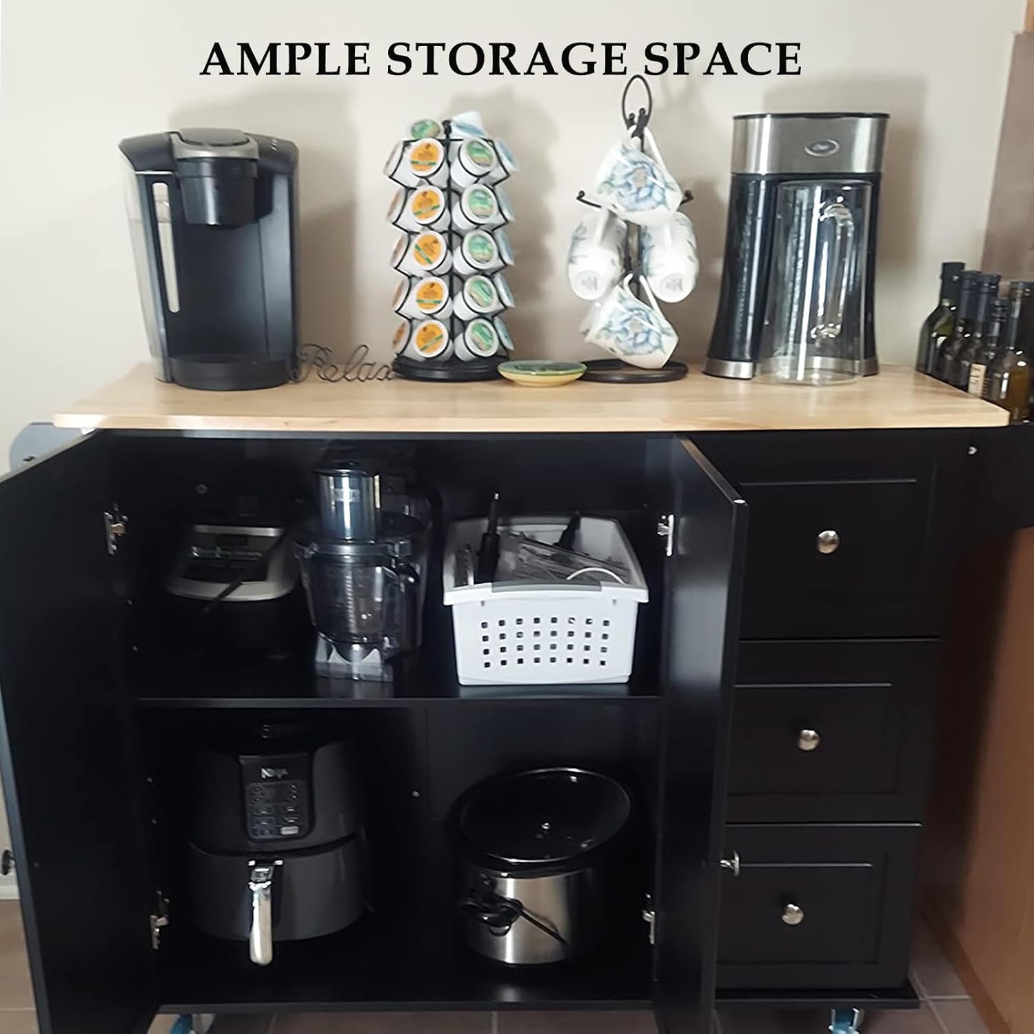 Portable Kitchen Island with Storage and Drop Leaf for Black Kitchens