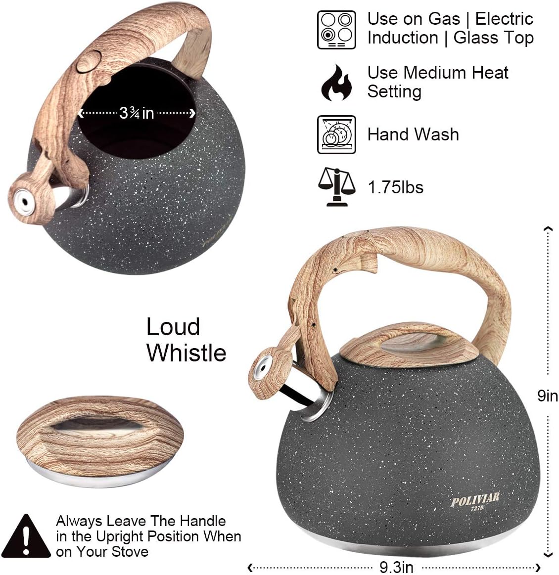 Poliviar Tea Kettle, 2.7 Quart Natural Stone Finish Teapot