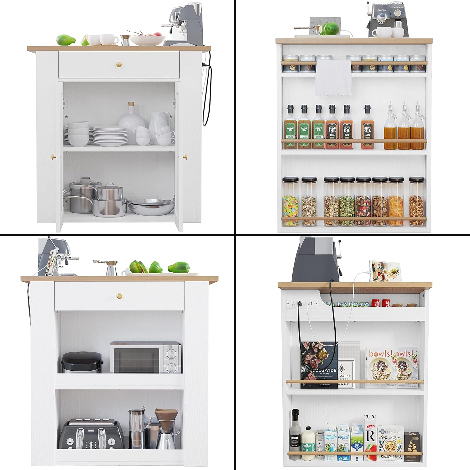 Compact Kitchen Island with Storage, Power and Shelves, White