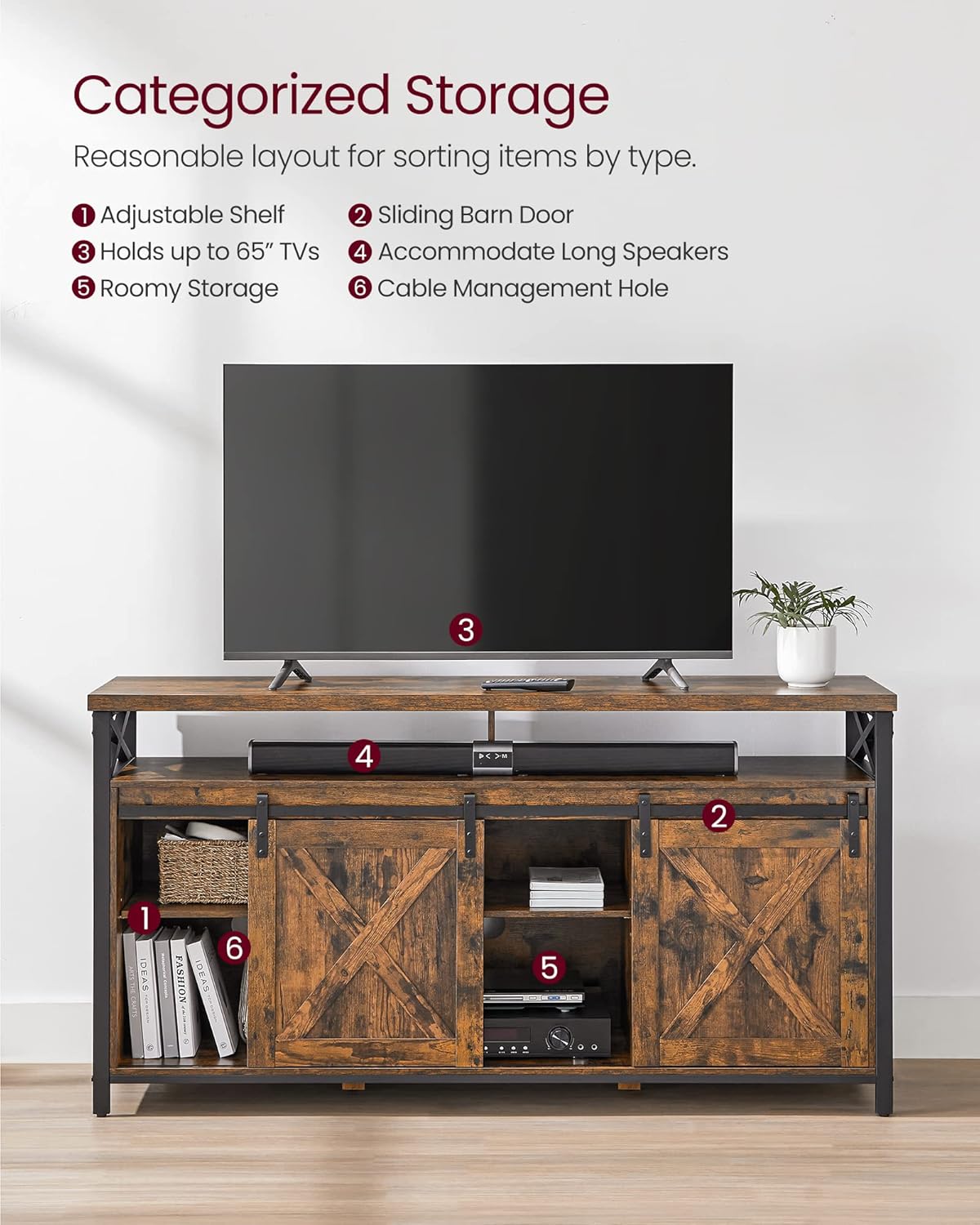 VASAGLE 65-Inch TV Stand, Industrial Design, Rustic Brown and Black