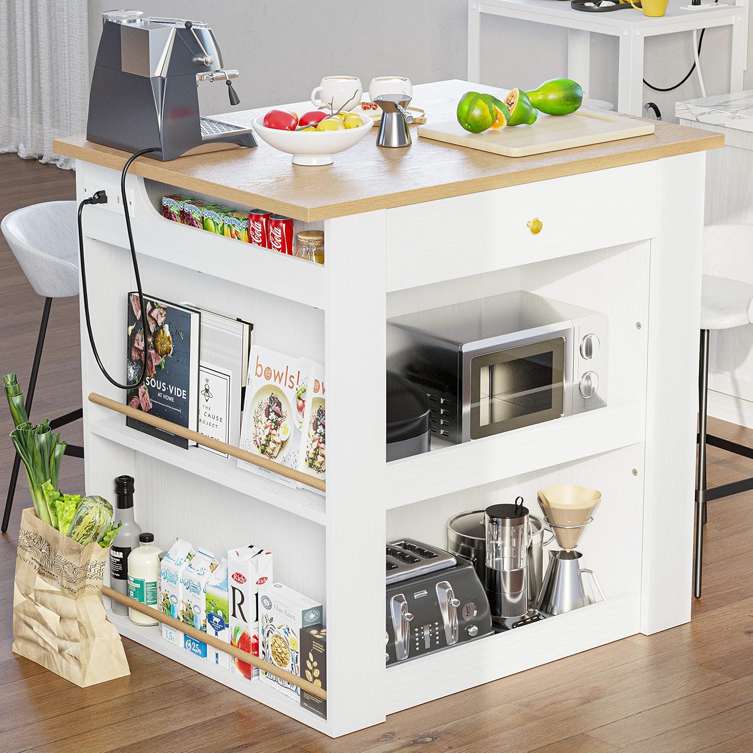 Compact Kitchen Island with Storage, Power and Shelves, White
