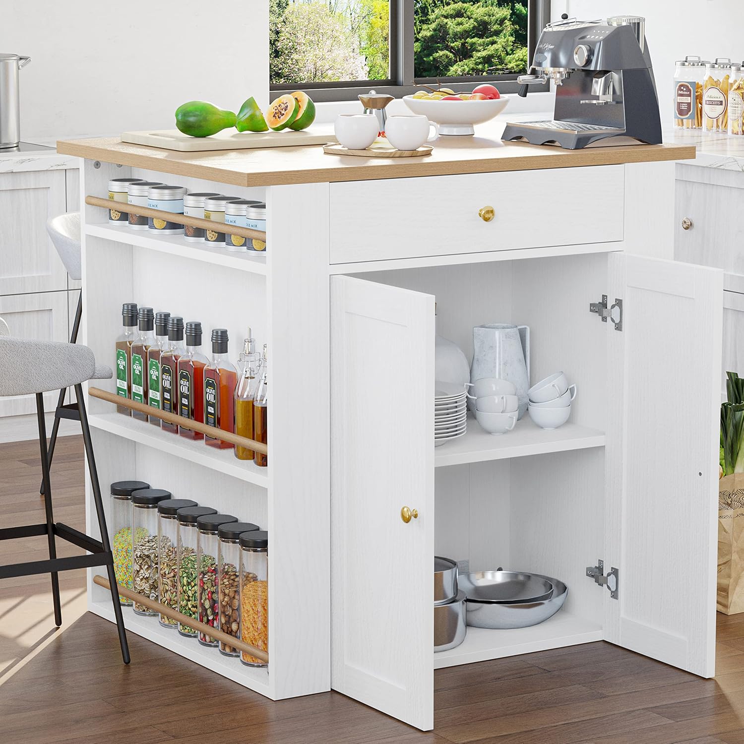 Compact Kitchen Island with Storage, Power and Shelves, White